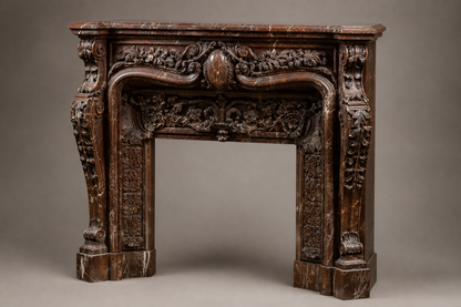 Verona rouge marble fireplace mantel by 1-OPH, studio view