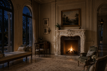Fiora white marble fireplace mantel by 1-OPH, lit at night