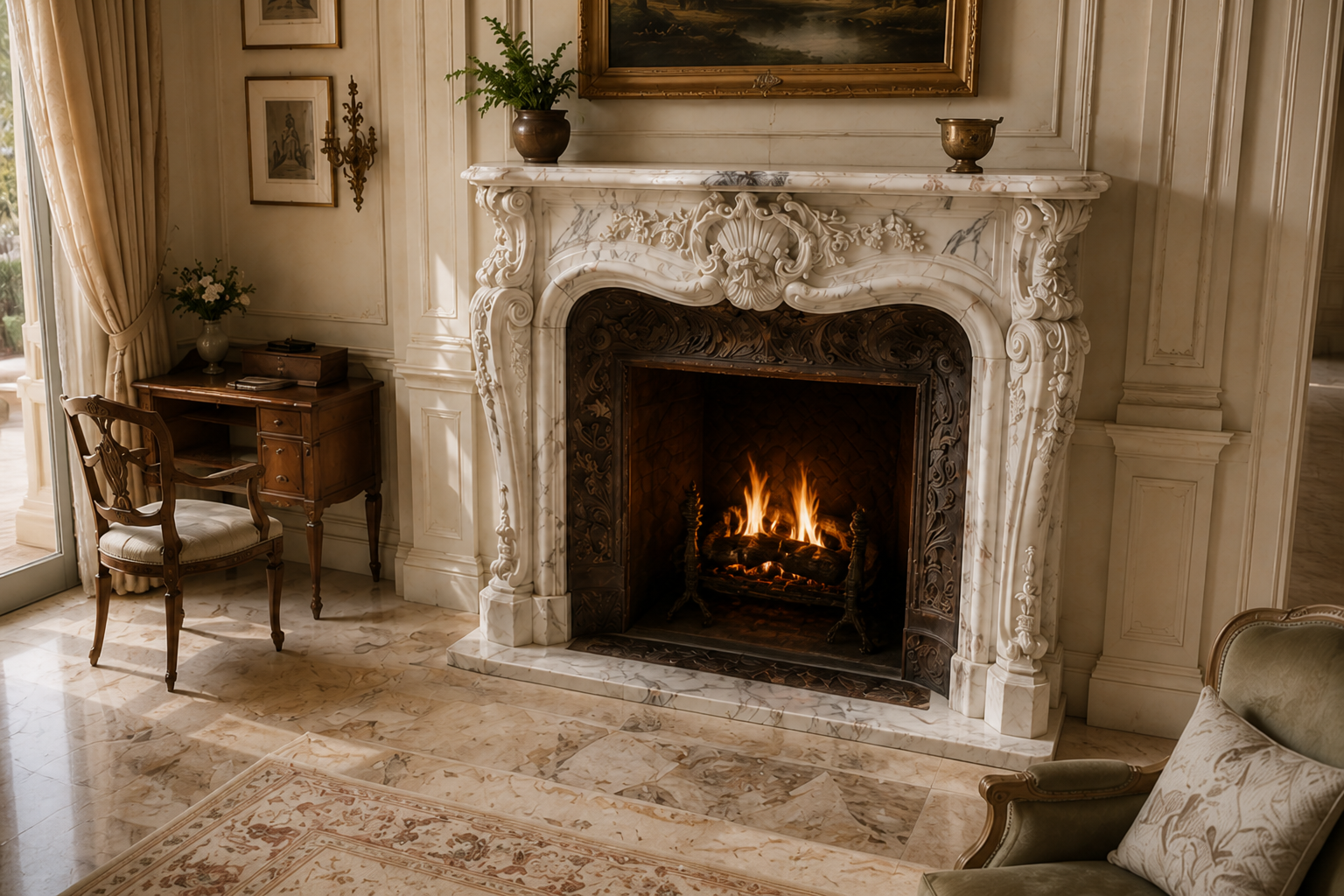 Fiora white marble fireplace mantel by 1-OPH, carved detail