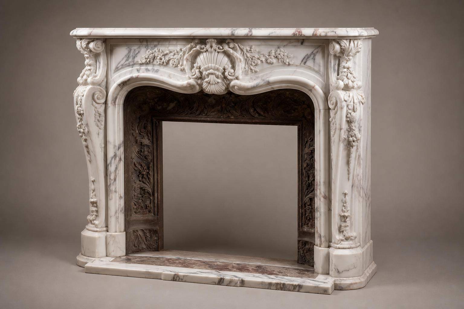 Fiora white marble fireplace mantel by 1-OPH, studio view