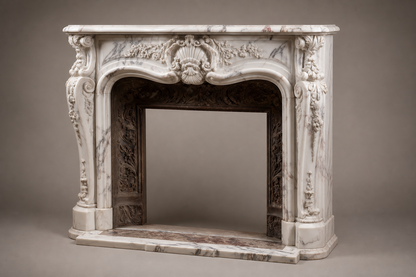 Fiora white marble fireplace mantel by 1-OPH, studio view