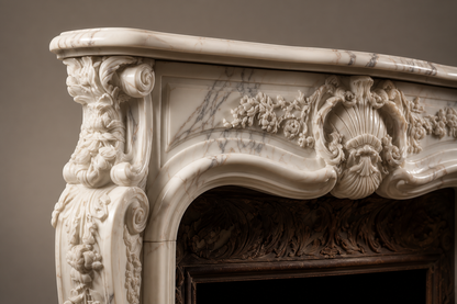 Fiora white marble fireplace mantel by 1-OPH, surface detail