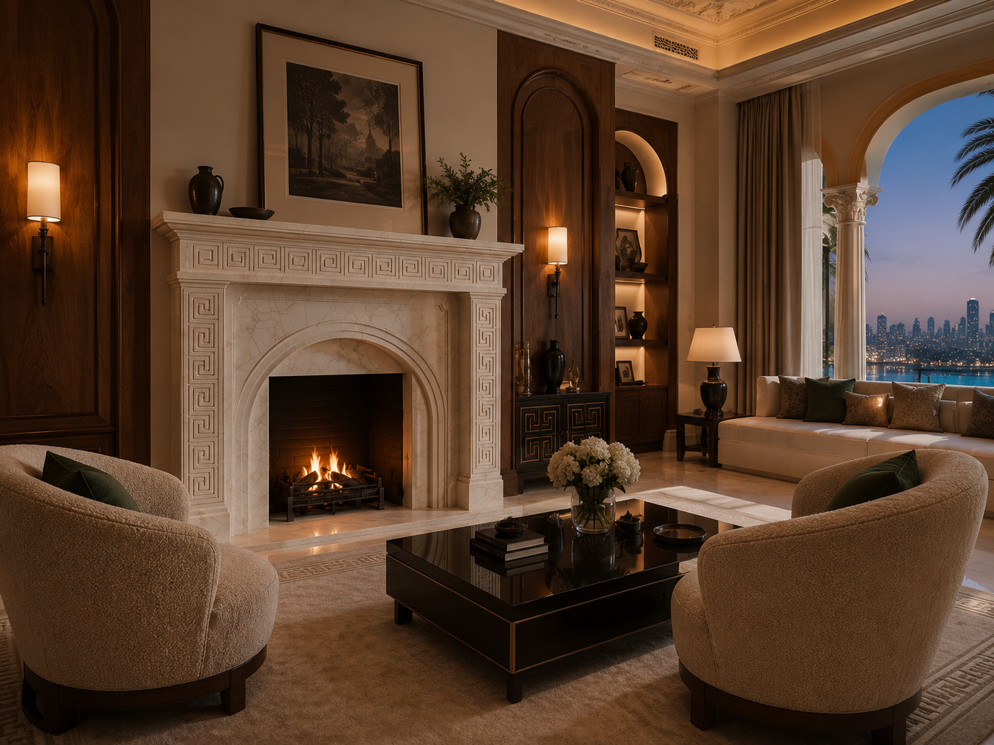Miyabi pale limestone fireplace mantel by 1-OPH, in a Dubai interior