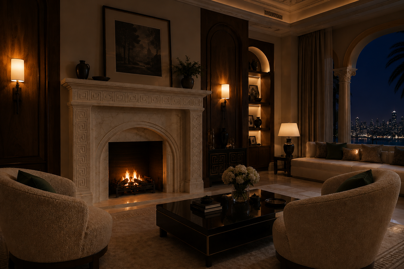 Miyabi pale limestone fireplace mantel by 1-OPH, lit at night