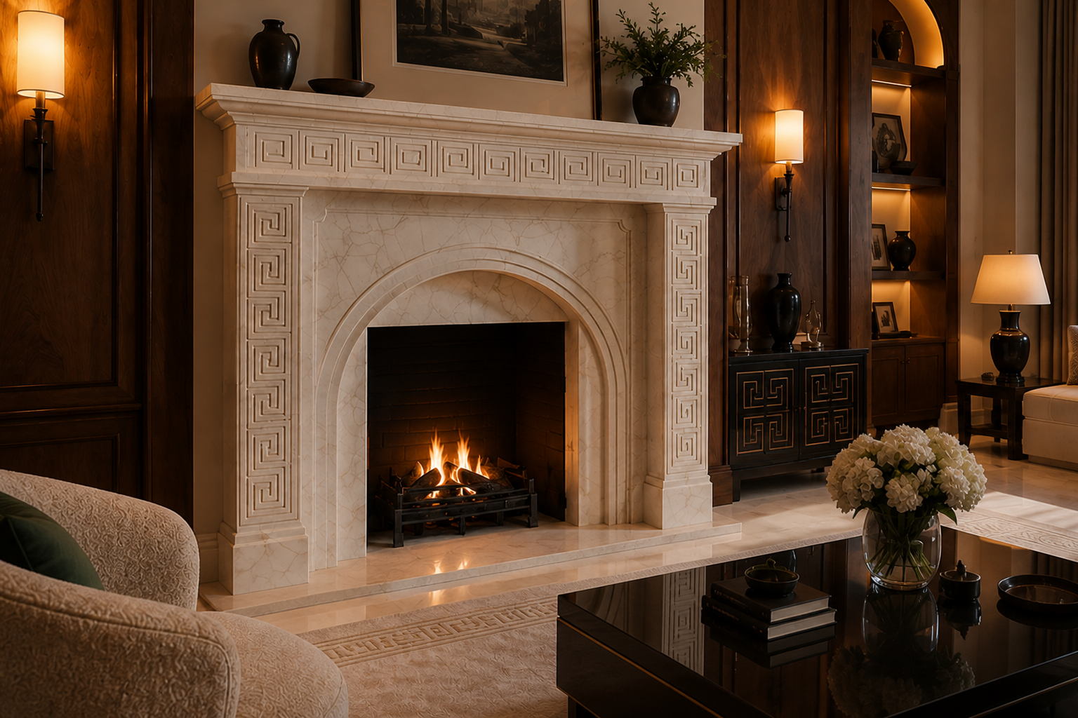Miyabi pale limestone fireplace mantel by 1-OPH, carved detail