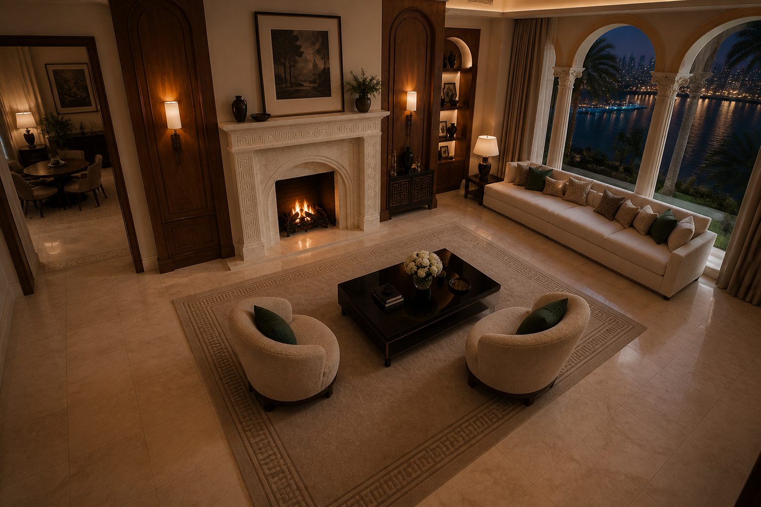 Miyabi pale limestone fireplace mantel by 1-OPH, seen from above