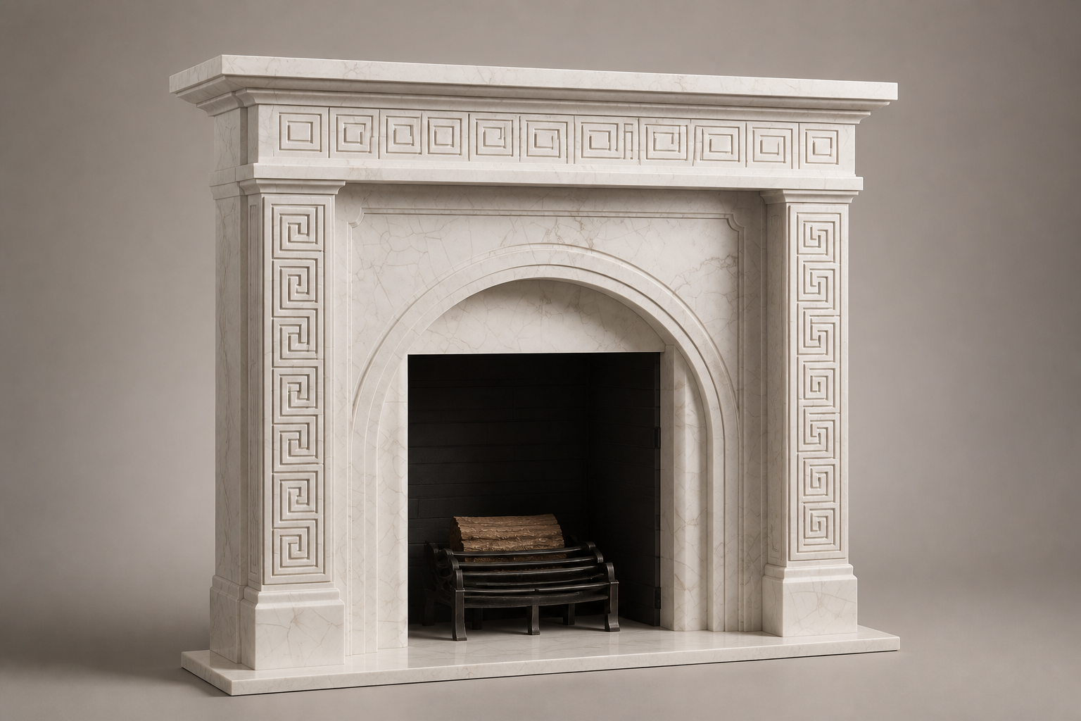 Miyabi pale limestone fireplace mantel by 1-OPH, studio view
