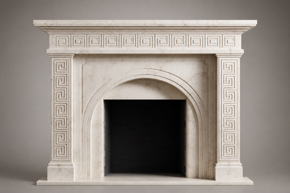 Miyabi pale limestone fireplace mantel by 1-OPH, side elevation