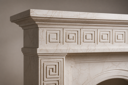 Miyabi pale limestone fireplace mantel by 1-OPH, surface detail