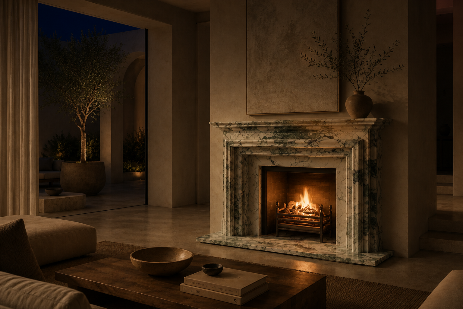 Alameda calacatta verde marble fireplace mantel by 1-OPH, lit at night