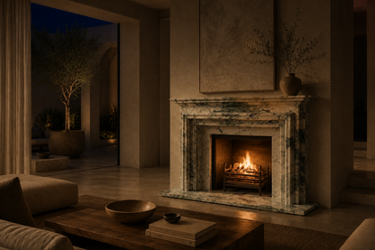 Alameda calacatta verde marble fireplace mantel by 1-OPH, lit at night