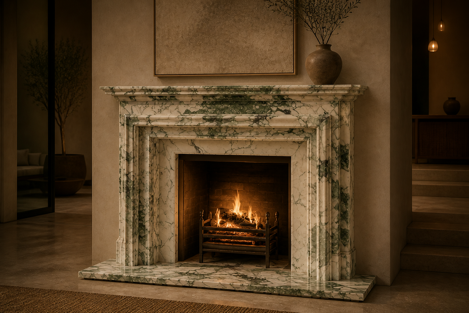 Alameda calacatta verde marble fireplace mantel by 1-OPH, carved detail