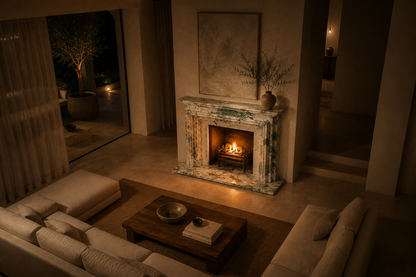 Alameda calacatta verde marble fireplace mantel by 1-OPH, seen from above
