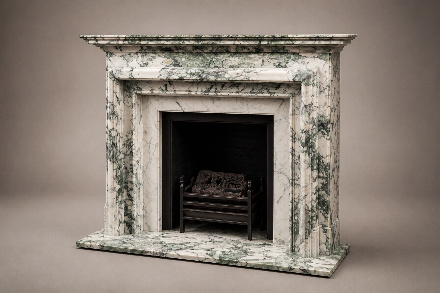 Alameda calacatta verde marble fireplace mantel by 1-OPH, studio view