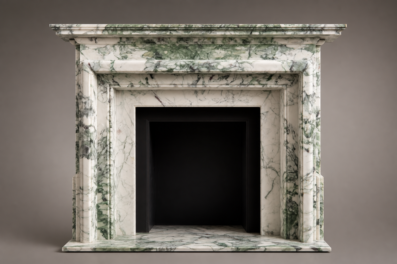 Alameda calacatta verde marble fireplace mantel by 1-OPH, side elevation