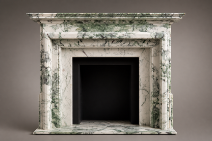 Alameda calacatta verde marble fireplace mantel by 1-OPH, side elevation