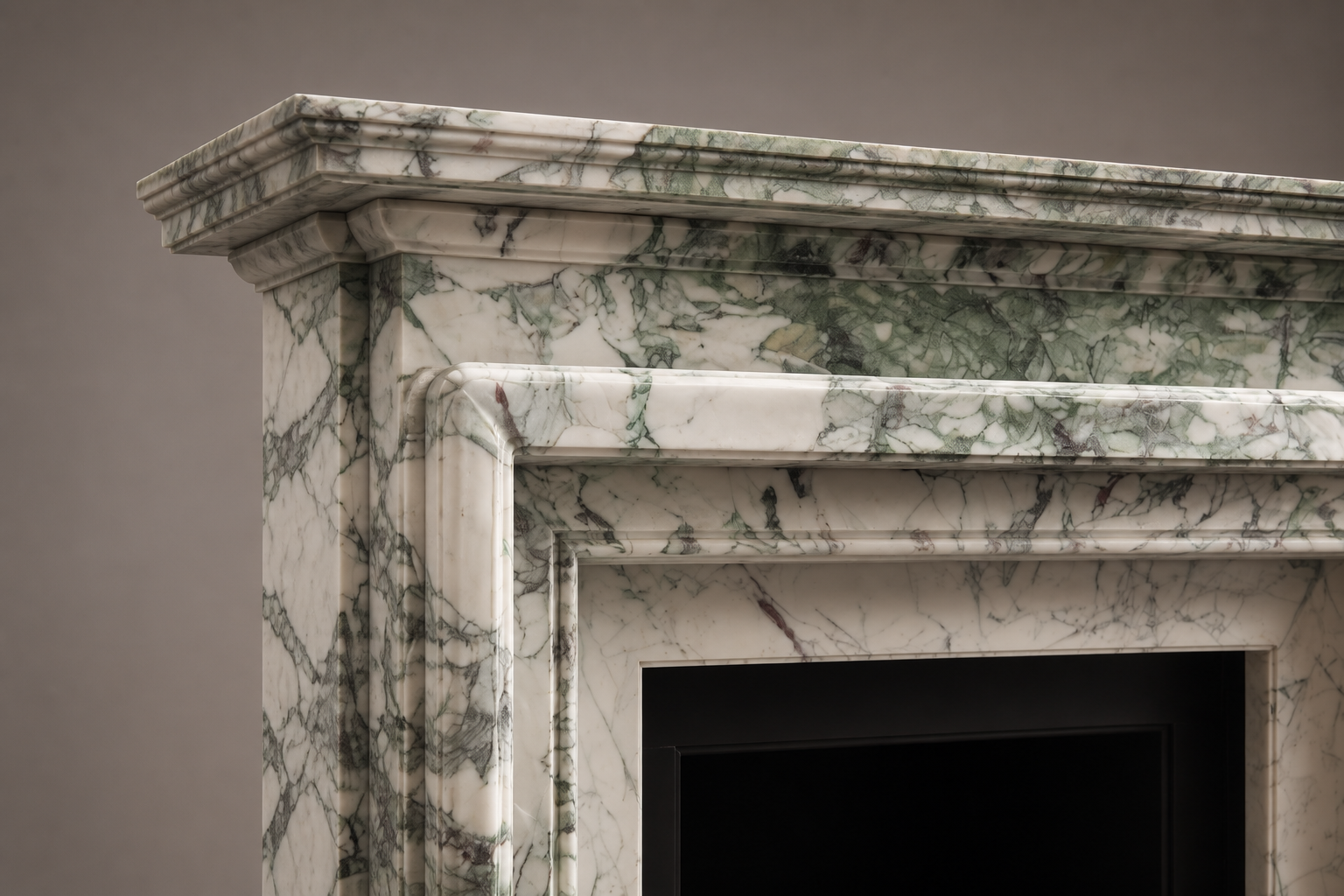 Alameda calacatta verde marble fireplace mantel by 1-OPH, surface detail