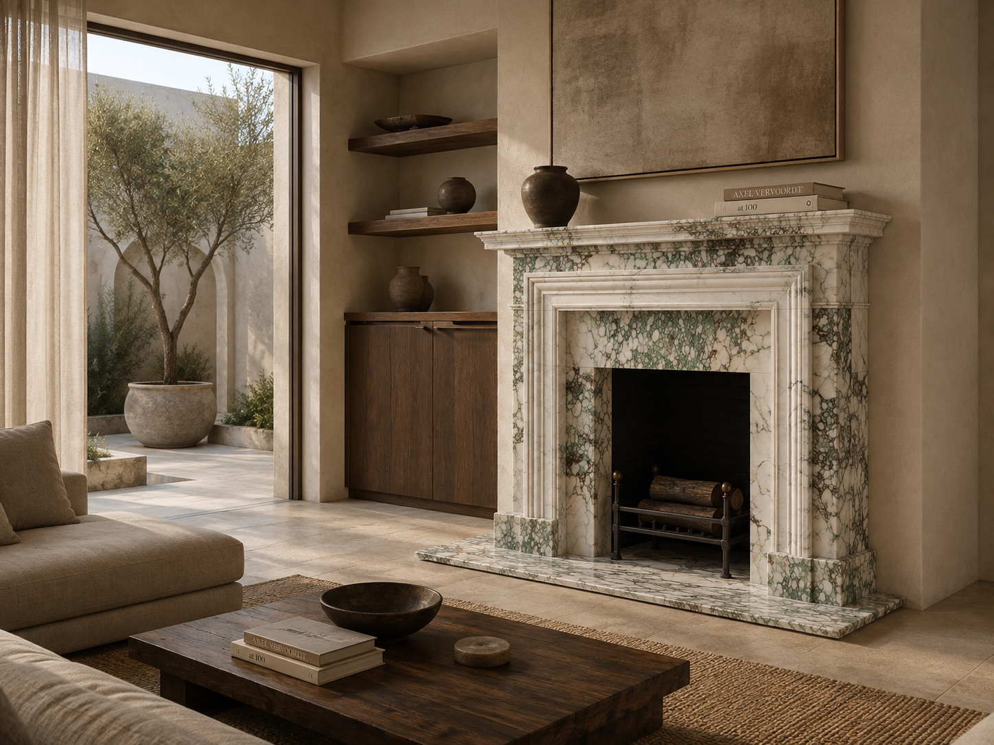 Ribera calacatta verde marble fireplace mantel by 1-OPH, in a Dubai interior