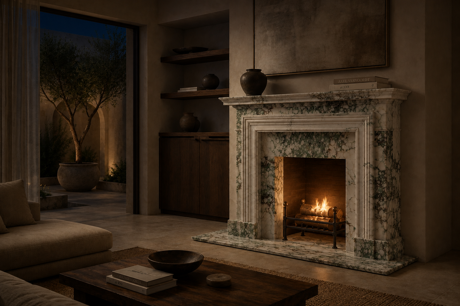 Ribera calacatta verde marble fireplace mantel by 1-OPH, lit at night