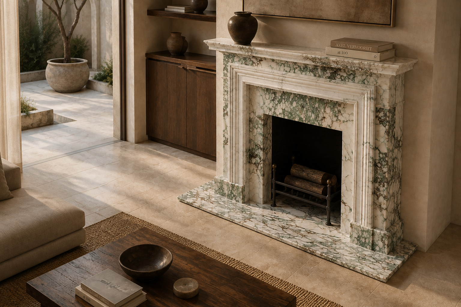 Ribera calacatta verde marble fireplace mantel by 1-OPH, carved detail