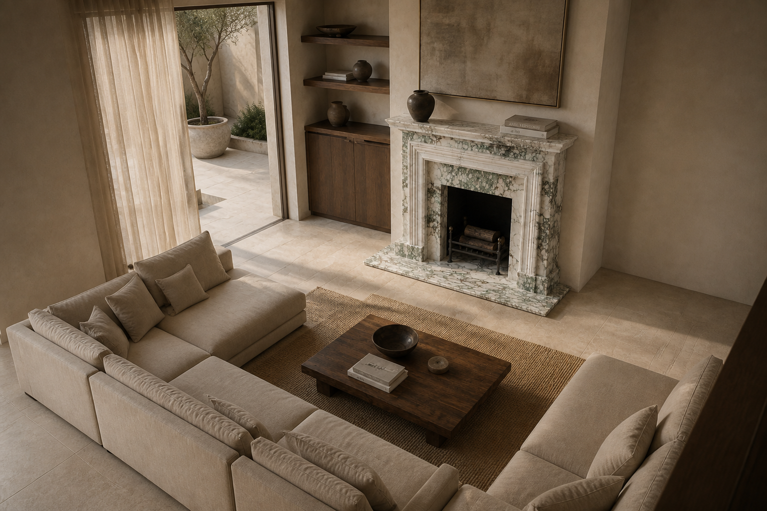 Ribera calacatta verde marble fireplace mantel by 1-OPH, seen from above