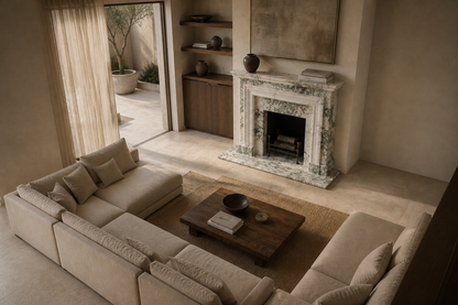 Ribera calacatta verde marble fireplace mantel by 1-OPH, seen from above