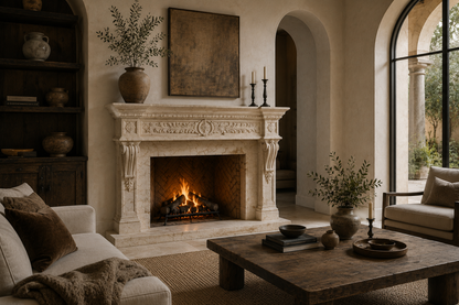 Colina calacatta verde marble fireplace mantel by 1-OPH, in a Dubai interior