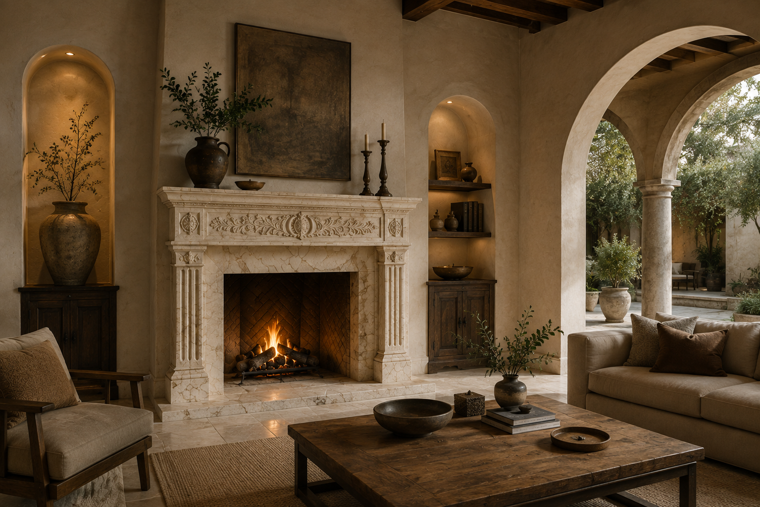 Quiete calacatta marble fireplace mantel by 1-OPH, in a Dubai interior