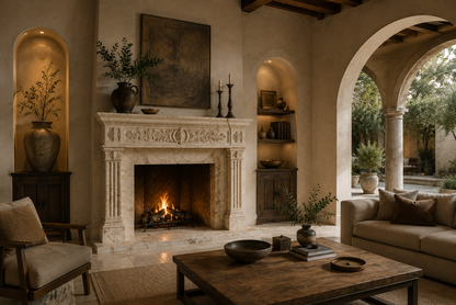 Quiete calacatta marble fireplace mantel by 1-OPH, in a Dubai interior