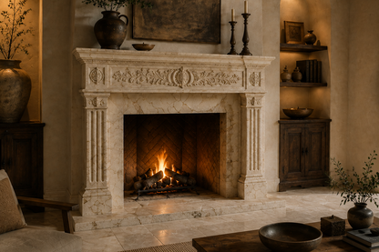 Quiete calacatta marble fireplace mantel by 1-OPH, carved detail