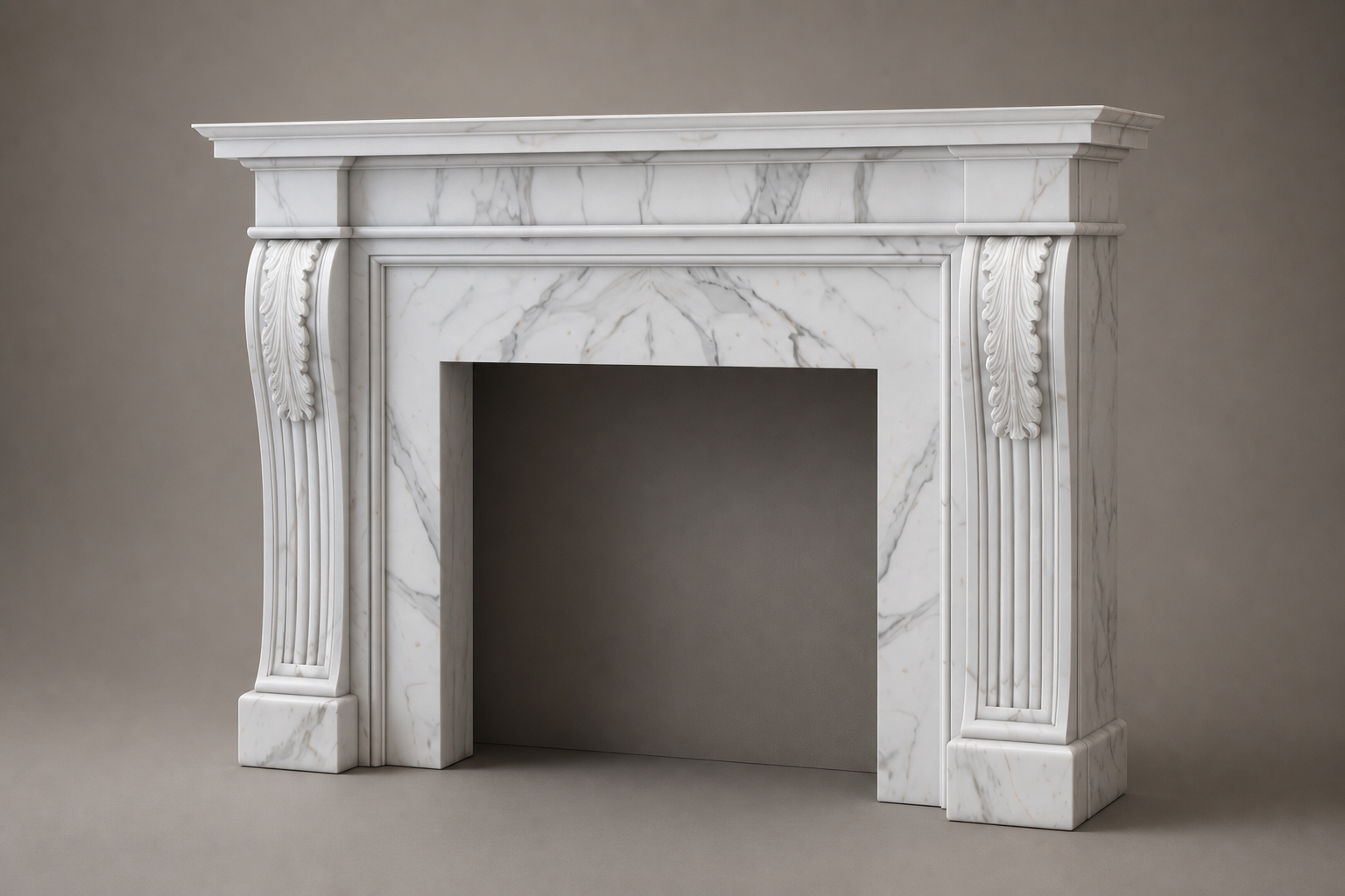 Quiete calacatta marble fireplace mantel by 1-OPH, studio view