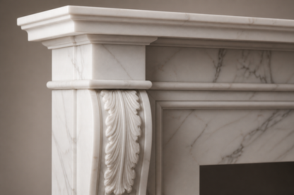 Quiete calacatta marble fireplace mantel by 1-OPH, surface detail