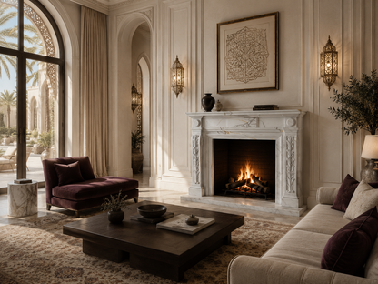 Tomora calacatta marble fireplace mantel by 1-OPH, in a Dubai interior
