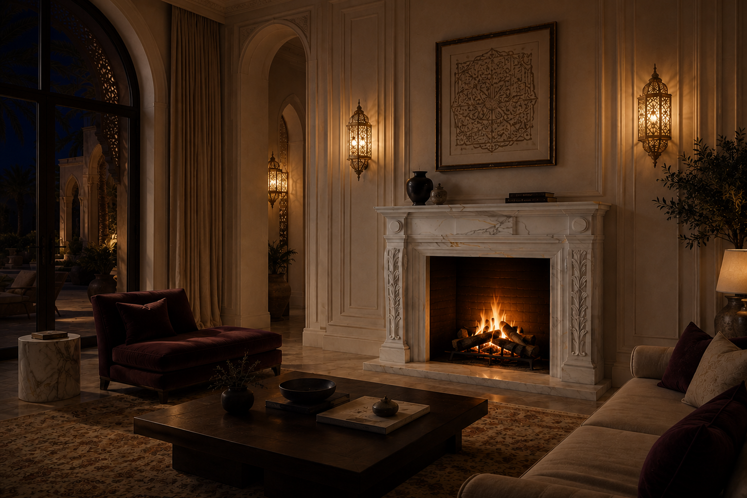 Tomora calacatta marble fireplace mantel by 1-OPH, lit at night