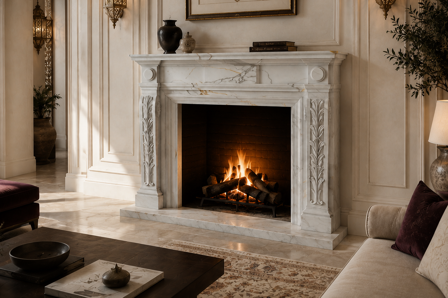 Tomora calacatta marble fireplace mantel by 1-OPH, carved detail
