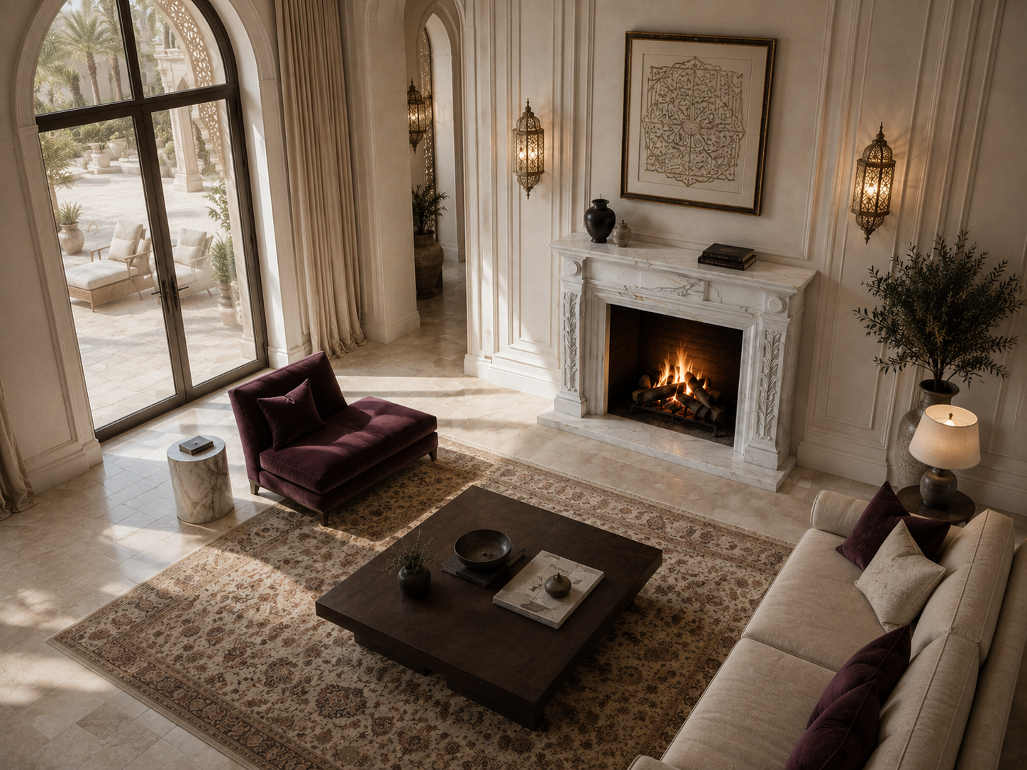 Tomora calacatta marble fireplace mantel by 1-OPH, seen from above