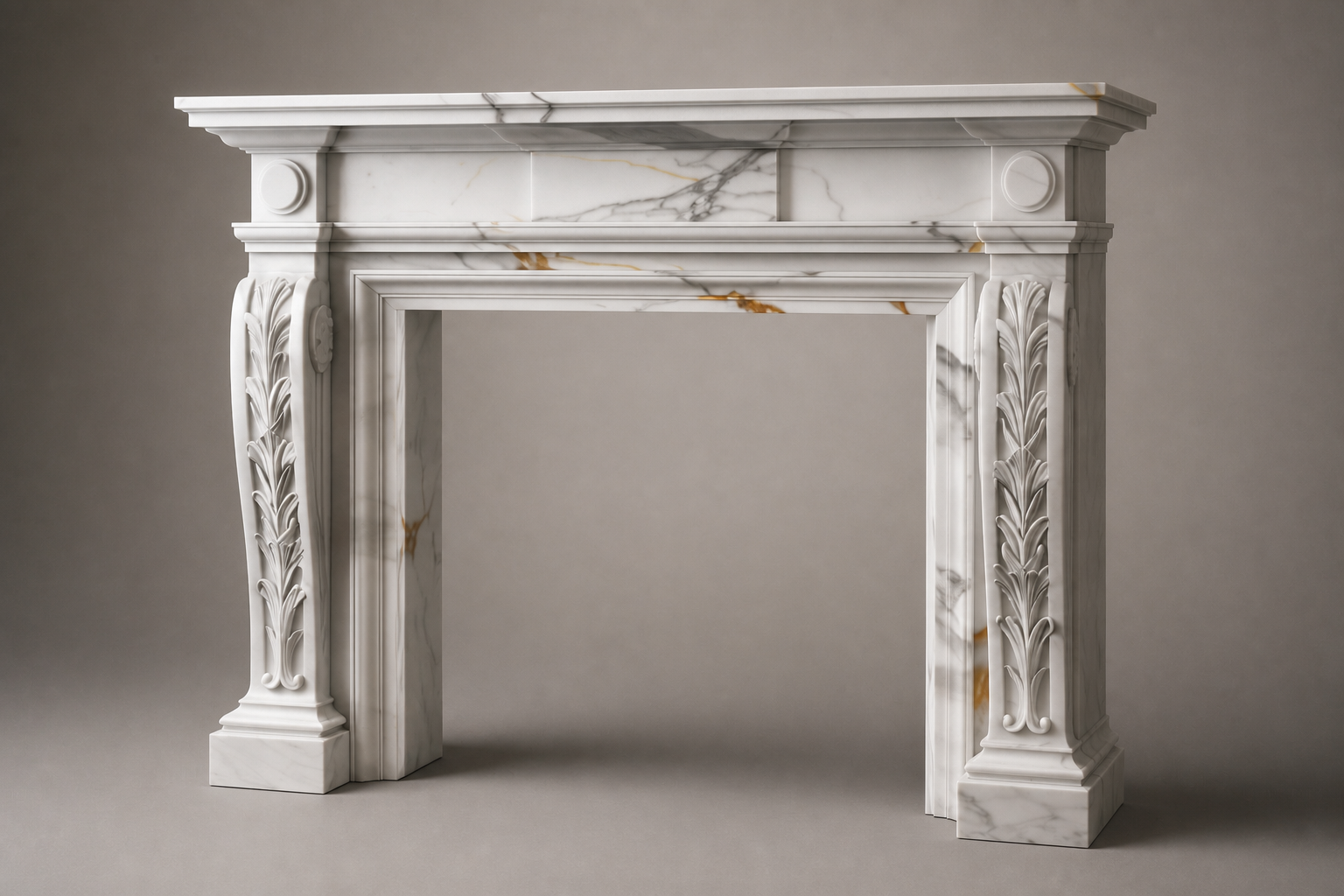 Tomora calacatta marble fireplace mantel by 1-OPH, studio view