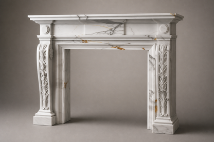 Tomora calacatta marble fireplace mantel by 1-OPH, studio view