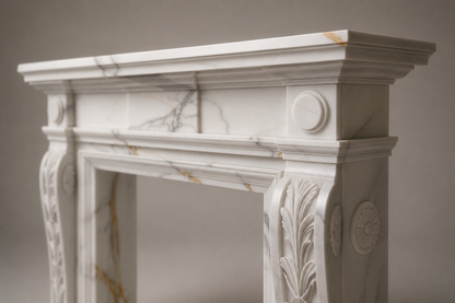 Tomora calacatta marble fireplace mantel by 1-OPH, surface detail