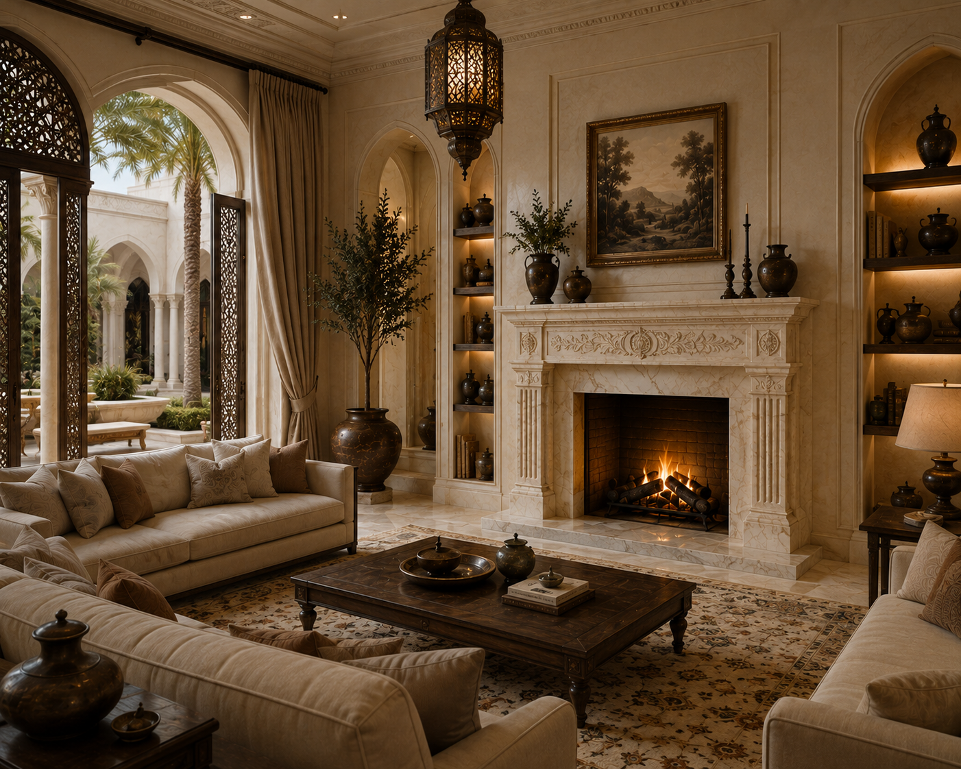 Calore cream marble fireplace mantel by 1-OPH, in a Dubai interior