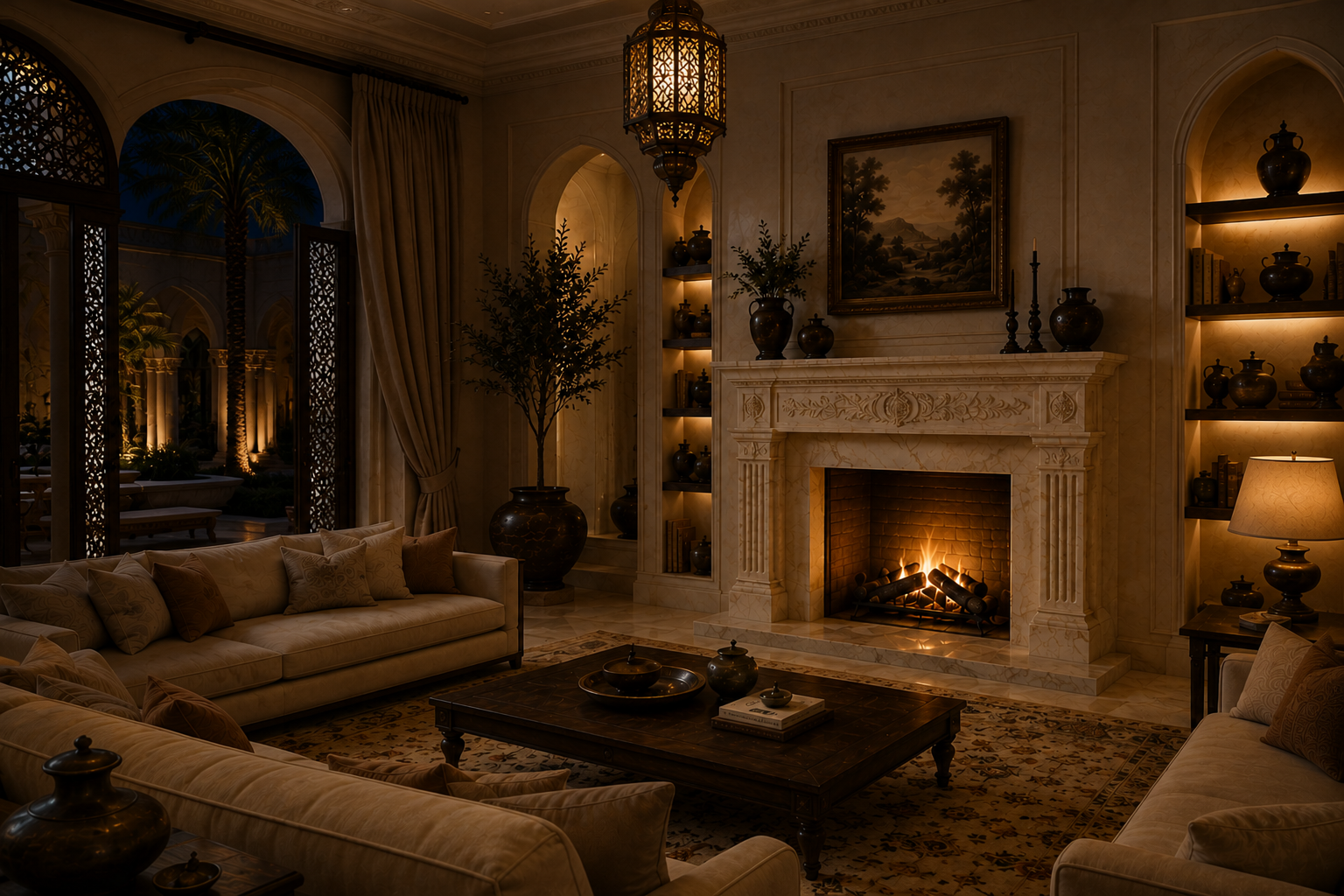 Calore cream marble fireplace mantel by 1-OPH, lit at night