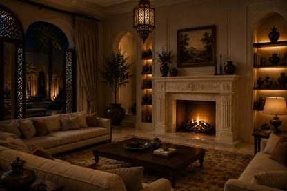 Calore cream marble fireplace mantel by 1-OPH, lit at night