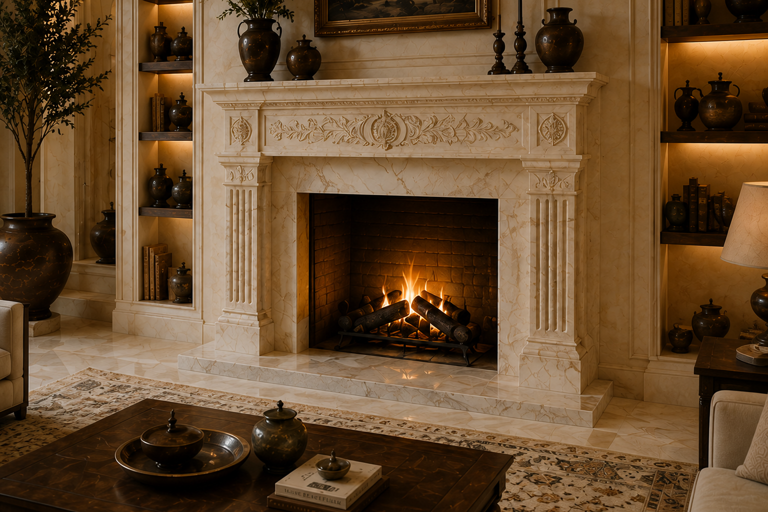 Calore cream marble fireplace mantel by 1-OPH, carved detail