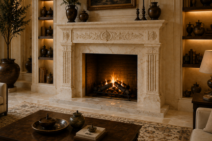 Calore cream marble fireplace mantel by 1-OPH, carved detail