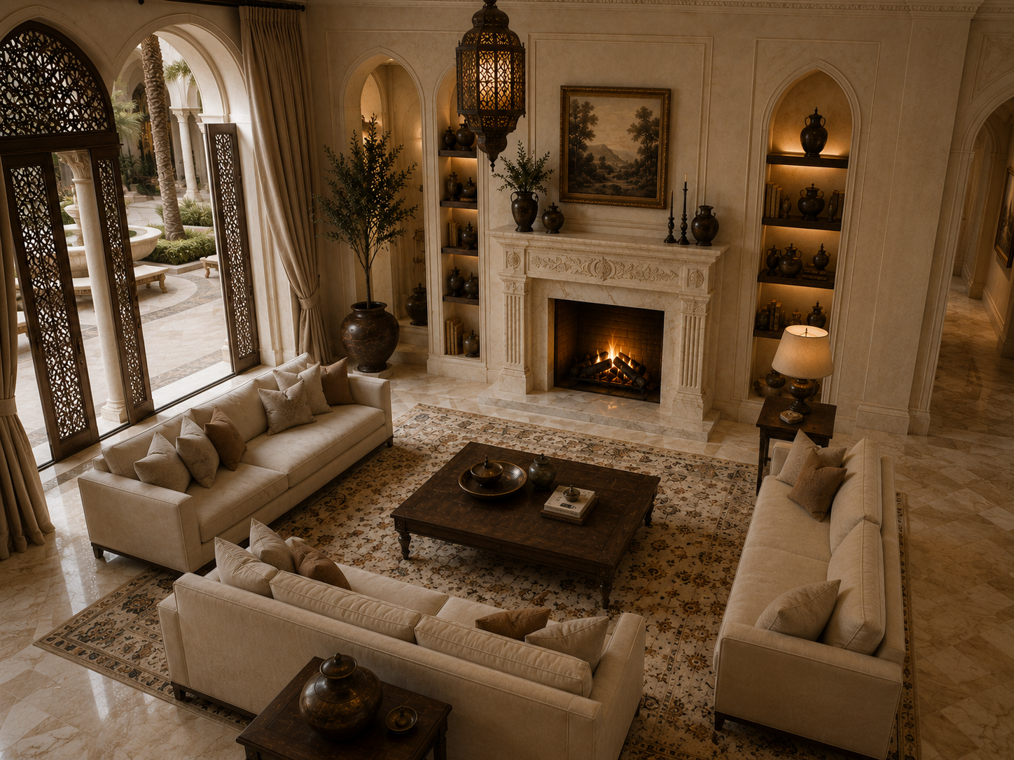 Calore cream marble fireplace mantel by 1-OPH, seen from above