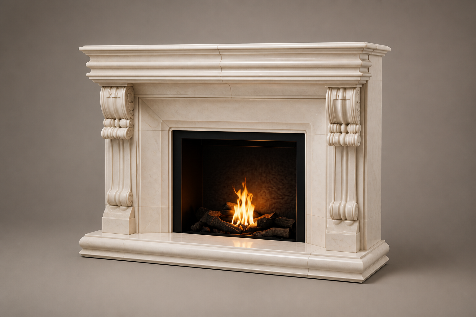 Calore cream marble fireplace mantel by 1-OPH, studio view