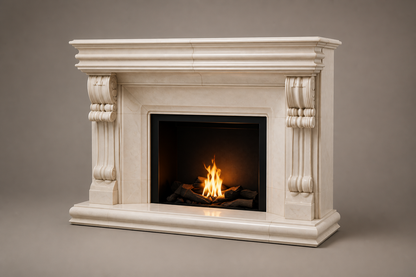 Calore cream marble fireplace mantel by 1-OPH, studio view