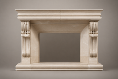 Calore cream marble fireplace mantel by 1-OPH, side elevation