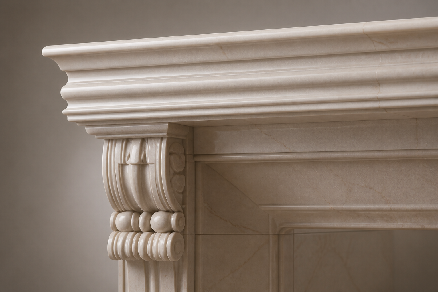 Calore cream marble fireplace mantel by 1-OPH, surface detail