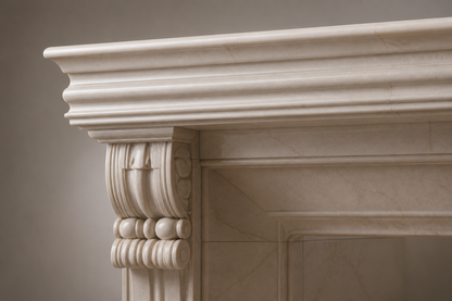 Calore cream marble fireplace mantel by 1-OPH, surface detail